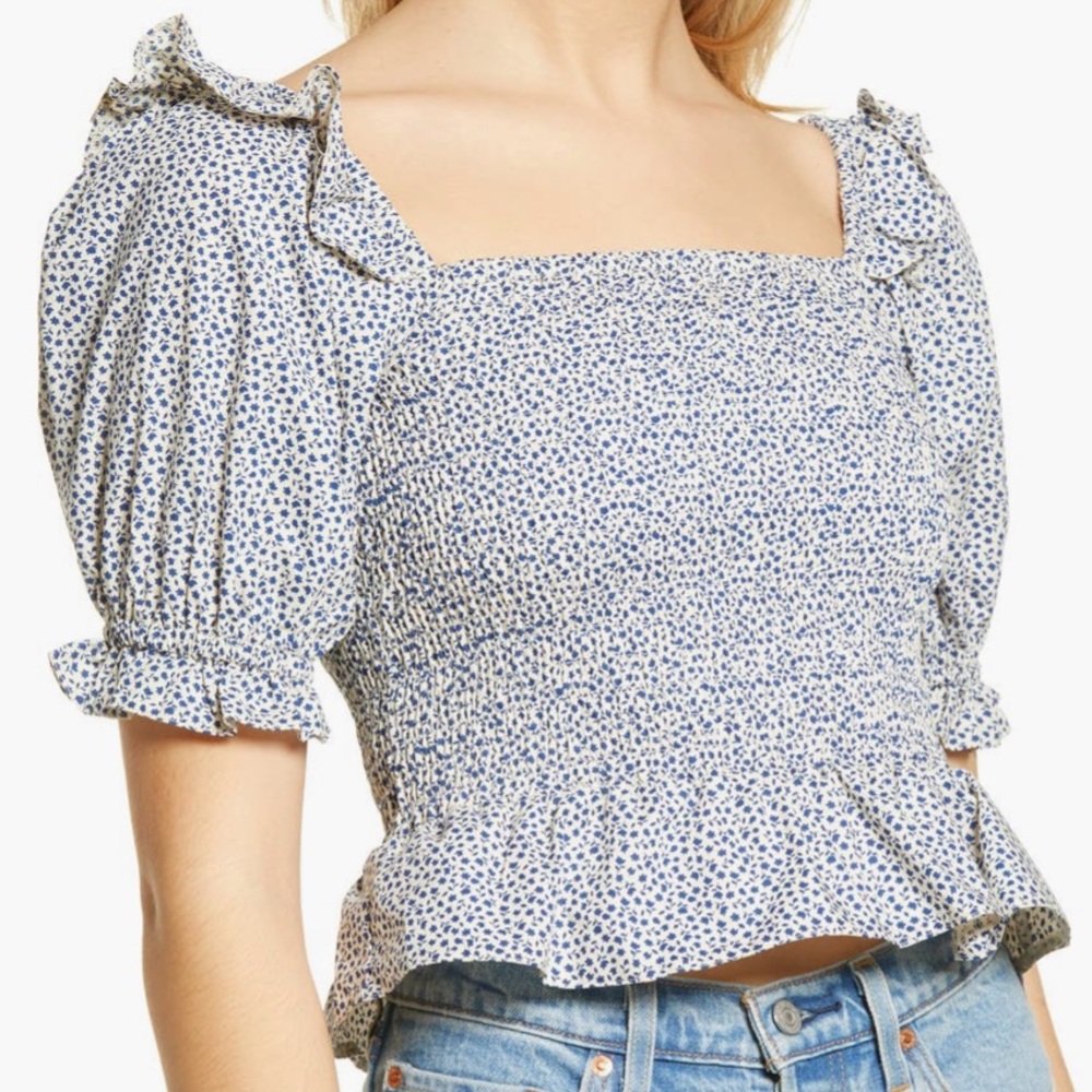 Topshop Blue Floral Puff Sleeve Top